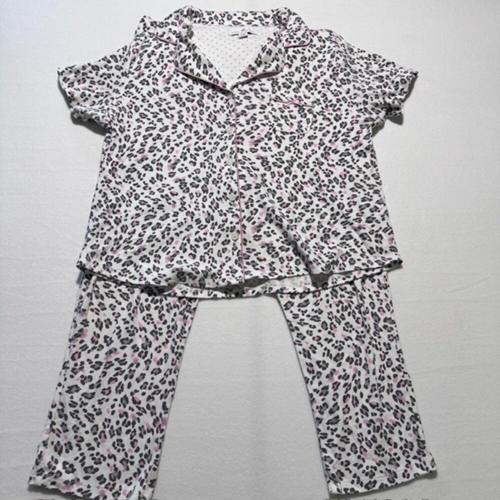Karen Neuburger Women's XL Leopard Print Pajama Set Short Sleeve Notch Collar Pa